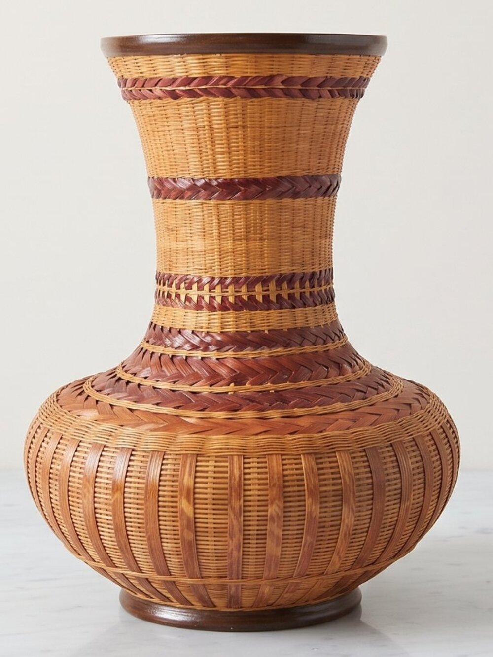 Vintage Shanghai Handicrafts Woven Wicker Rattan Bamboo Vase China 10.5" Boho